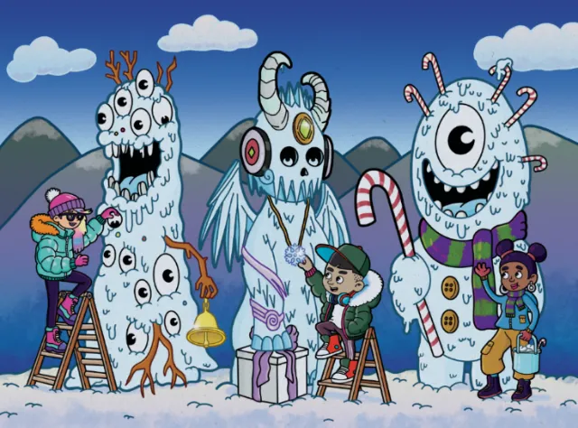 Children building snow monsters decorated with candy canes and horns in mountains by Daniel Sulzberg