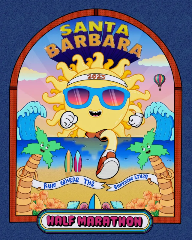 Sun character running with sunglasses in Santa Barbara Half Marathon poster by Daniel Sulzberg