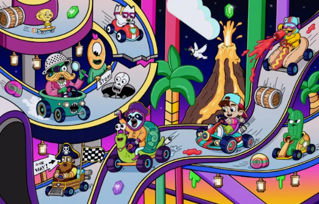 Colorful cartoon characters racing go-karts on a winding track by Daniel Sulzberg