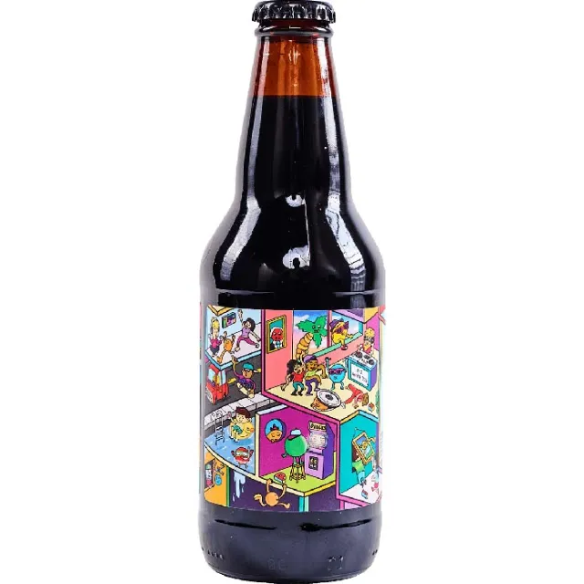 Dark beer bottle with colorful geometric and miniature room illustrations on label by Daniel Sulzber