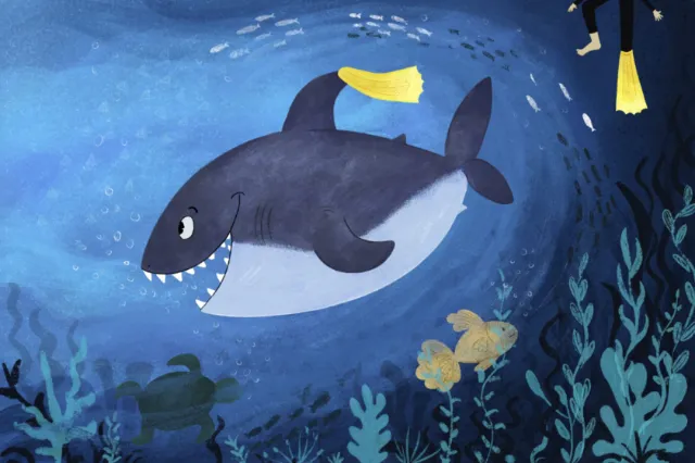 Smiling shark underwater with fish and divers by Dalia Awad