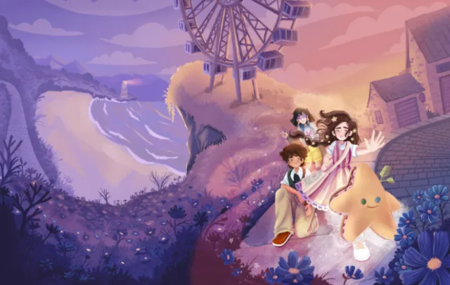 Children and star creature near cliff and ferris wheel at sunset by Carol Rempto