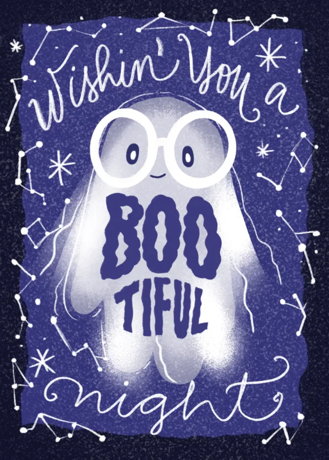 Halloween ghost card saying 'Wishing you a Boo Tiful night' by Carol Rempto