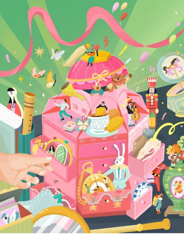 Whimsical pink jewelry box illustration with playful characters by Fangfang Han