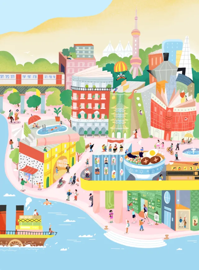 Colorful cityscape with buildings and people by Fangfang Han