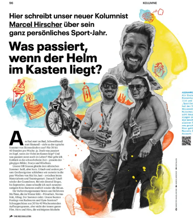 Collage illustration of skier Marcel Hirscher in winter sports scenes by Ben Tallon