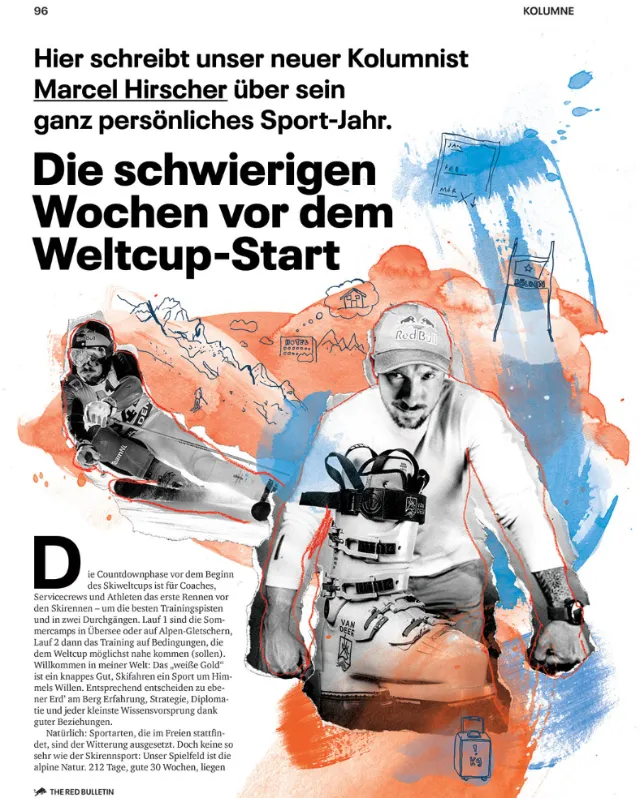 Illustration of Marcel Hirscher skiing and preparing with ski gear by Ben Tallon