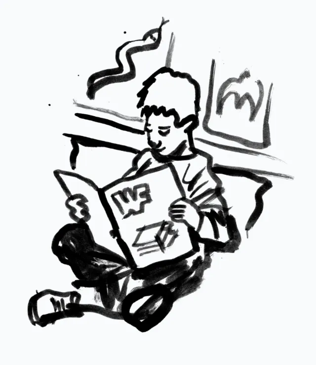 Pen and ink illustration of boy reading WWF Rampage comic by Ben Tallon