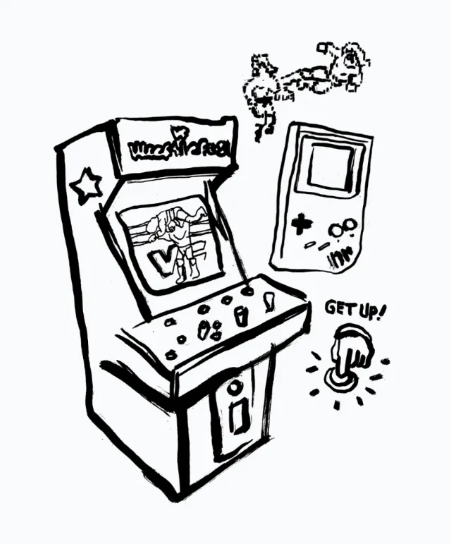 Hand-drawn WWF Rampage arcade machine and handheld game by Ben Tallon