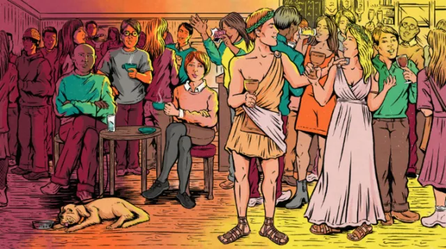 Lively party scene with people dancing and socializing, dog lying on floor by Cat Sims