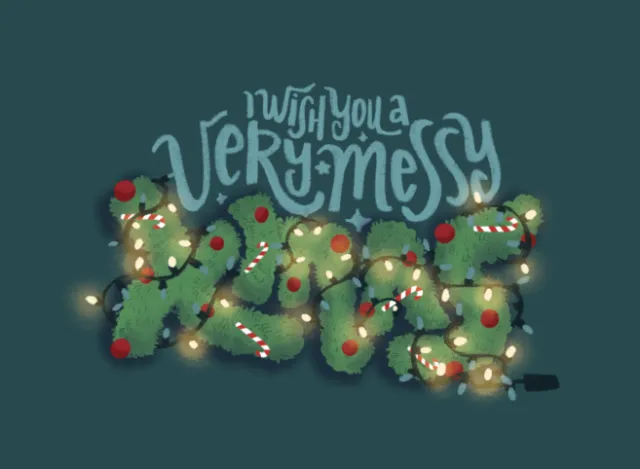 Christmas lights decorating greenery spelling Christmas words by Carol Rempto