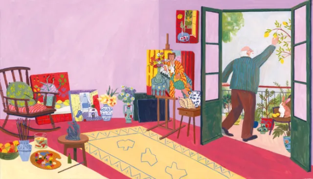 Illustration by Iratxe López de Munáin depicting a colorful Matisse-inspired studio