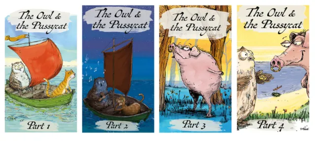 Illustration of The Owl and the Pussycat in four title cards by Sholto Walker