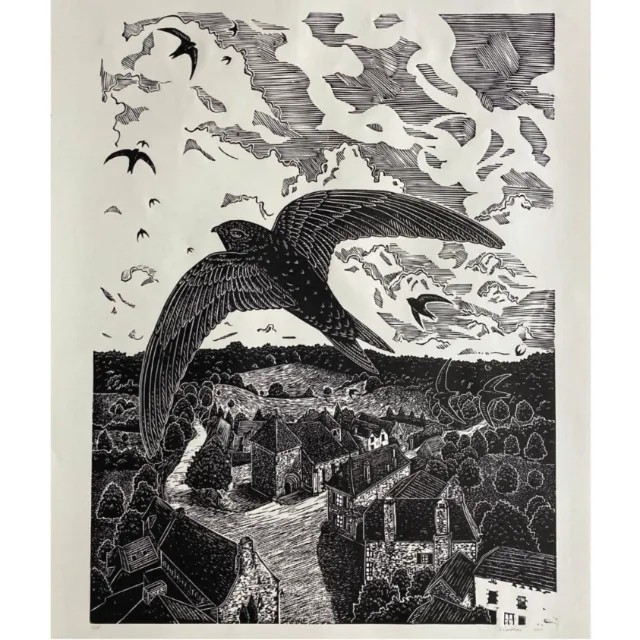 Narrative lino cut print of swifts over rooftops in France