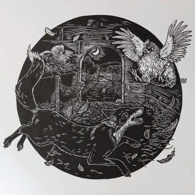 Narrative lino cut print showing a fox among chickens