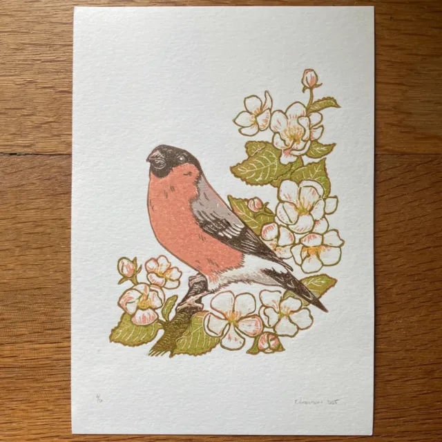 Multi-block lino print of a bullfinch on an apple blossom branch