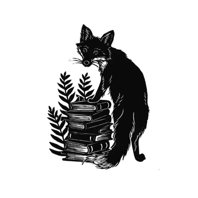 Black and white illustration of a fox standing on books by Emily Robertson