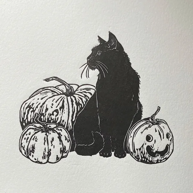 Halloween illustration of black cat with pumpkins by Emily Robertson