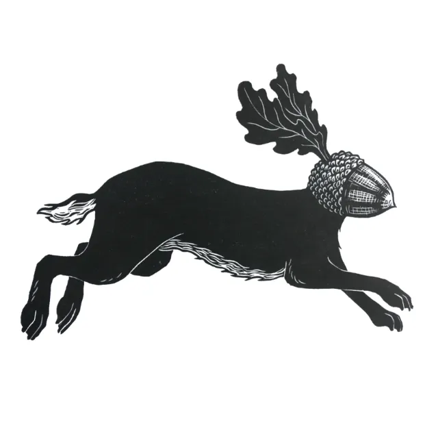 Lino cut of a hare with acorn head and oak leaf ears by Emily Robertson