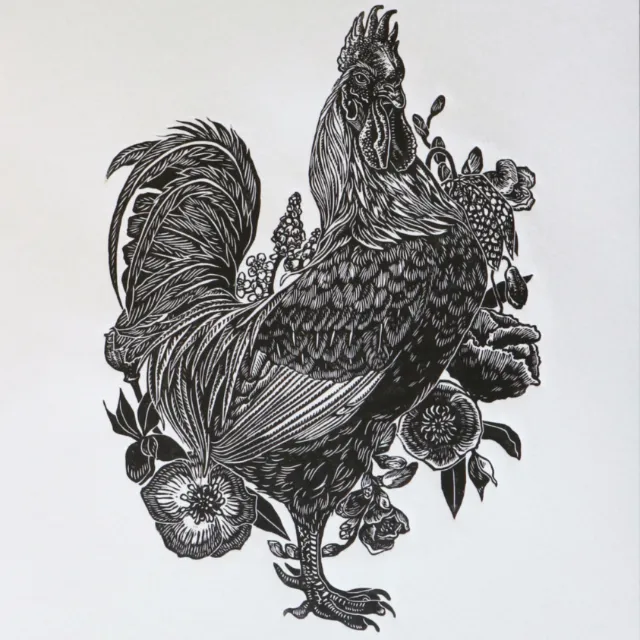 Handcrafted lino-cut print of a rooster with flowers