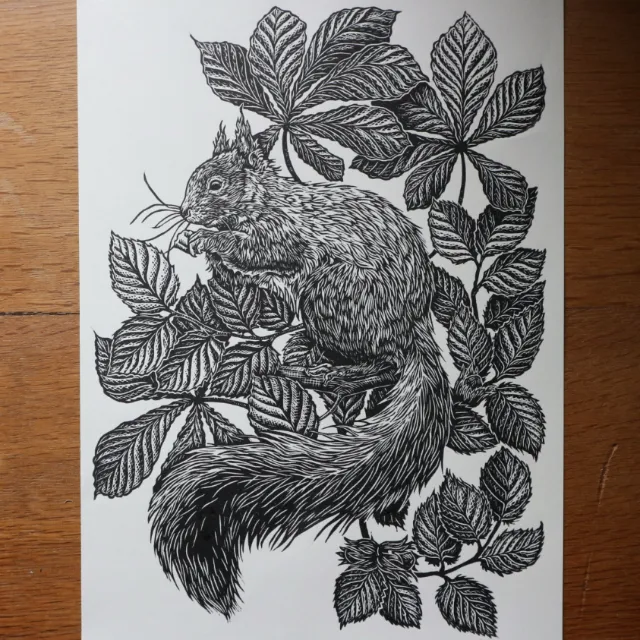 Lino cut of squirrel on hazel and chestnut branches by Emily Robertson