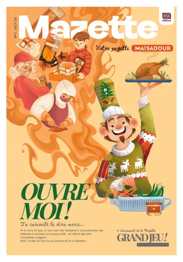Festive Christmas scene with chefs and food, illustrated by Luiza Laffitte