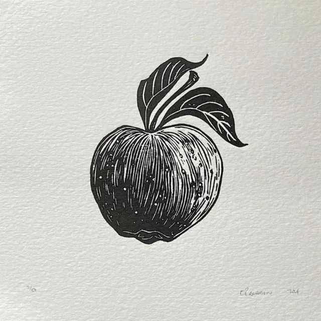 Black and white lino cut of an apple by Emily Robertson