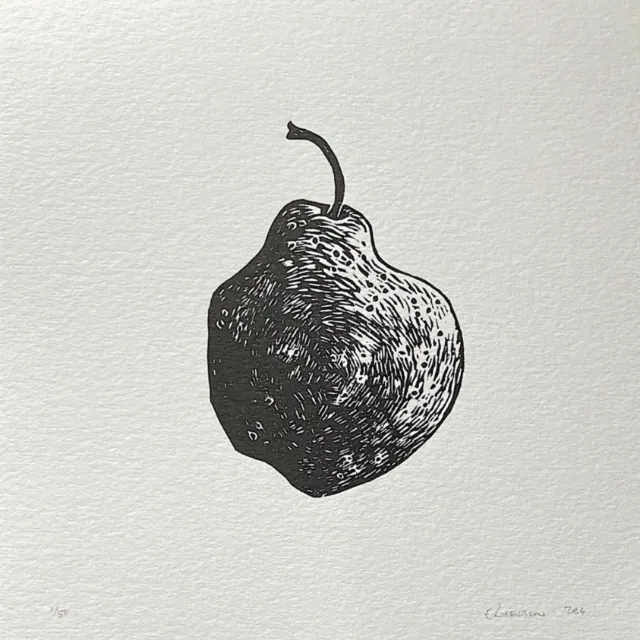 Pear lino cut artwork by Emily Robertson