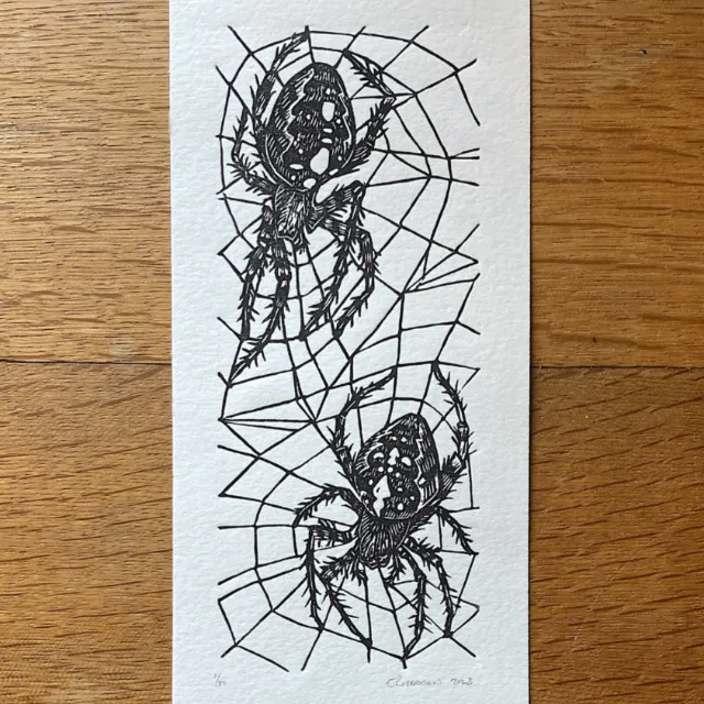 Two spiders woven in a web lino cut print by Emily Robertson