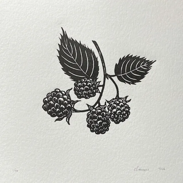 Blackberries lino cut print of berries and leaves by Emily Robertson
