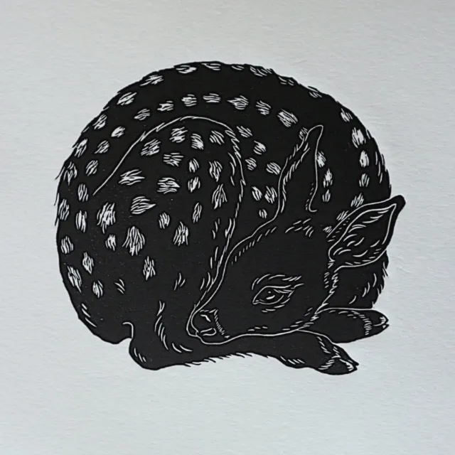 Sleeping fawn linocut print by Emily Robertson