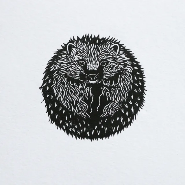 Black and white hedgehog lino cut print by Emily Robertson