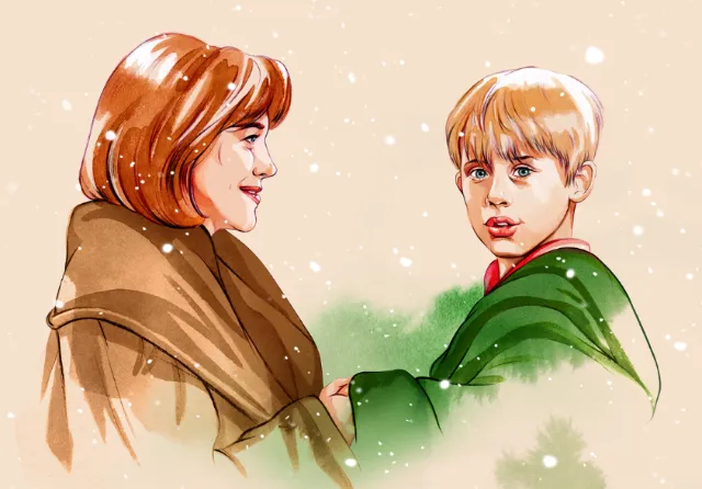 Mother and son embracing in snow with look of concern, Home Alone, Natalia Sanabria