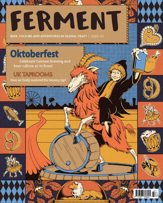 Oktoberfest cover art with rooster on beer barrel by Philipp Beck