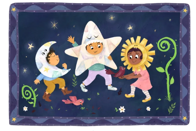 Children dressed as moon, star, and sun playing under a night sky by Dalia Awad
