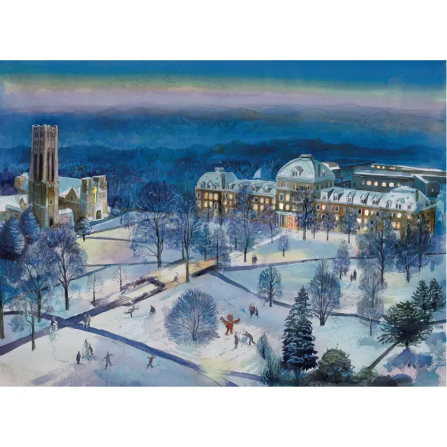 Snow-covered Swarthmore College campus at night, winter scene by Liam O'Farrell