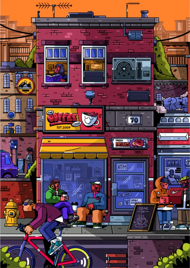 Urban coffee shop with people relaxing and cycling by, artwork by Mpumelelo Bhengu