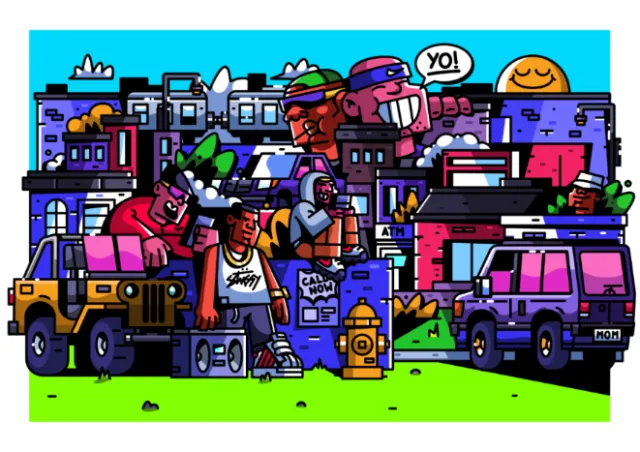 Colorful illustration of a B-Boy crew in an urban setting by Mpumelelo Bhengu