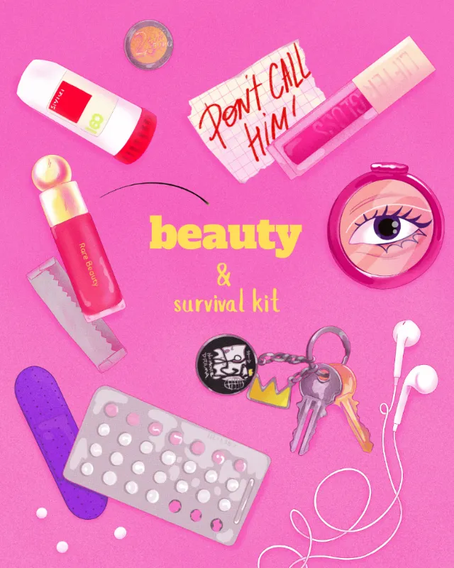 Beauty and survival kit with makeup items and keys by Julia Prokhotskaya