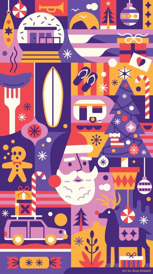 Geometric holiday icons with Santa, reindeer, gifts, and decorations by Greg Straight