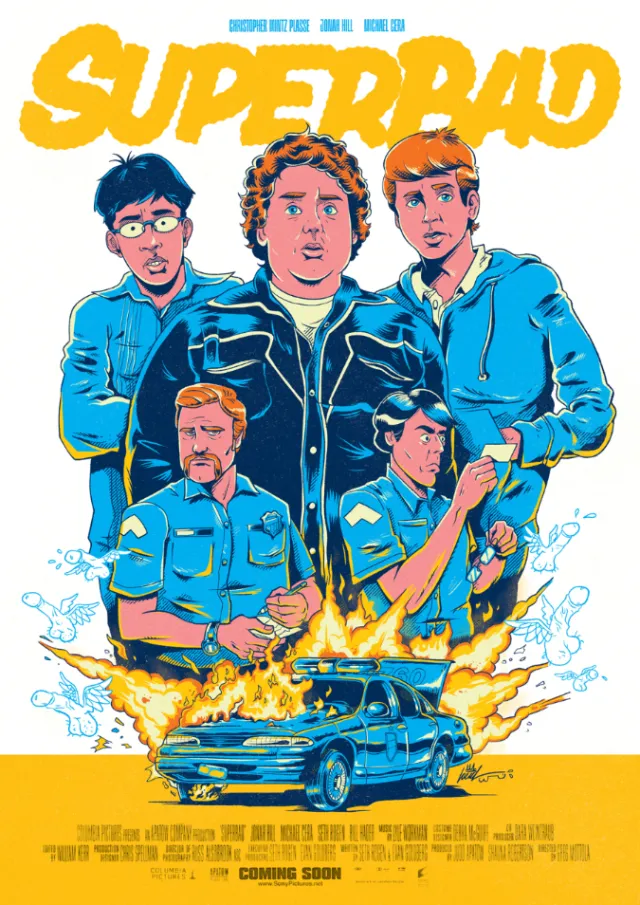 Superbad movie poster illustration by Wagner Loud featuring five characters and car
