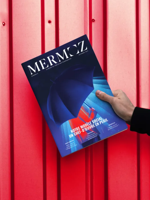Hand holding Mermoz magazine with abstract blue cover by Andrei Nicolescu