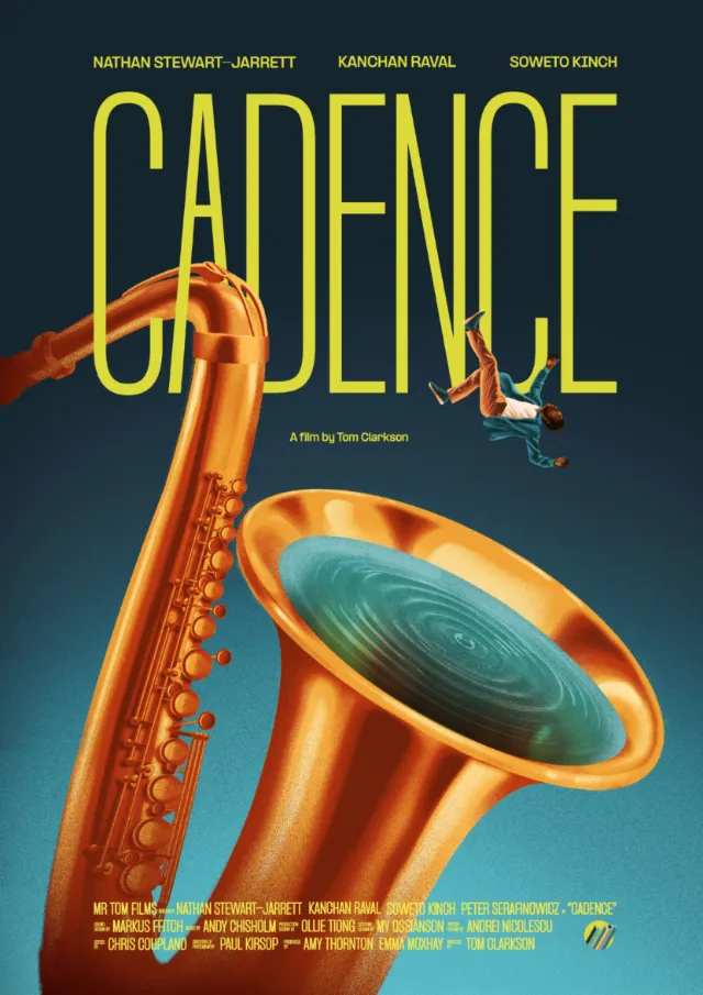 Film poster for Cadence showing a large saxophone and a person on the bell by Andrei Nicolescu