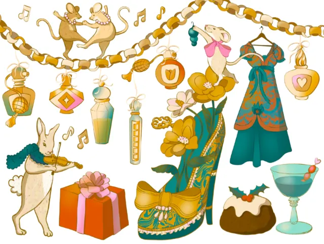 Holiday dancing animals, musical notes, gifts, and festive decorations by Rachel Winter
