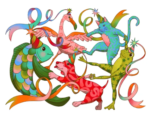 Whimsical animals with party hats and streamers by Rachel Winter