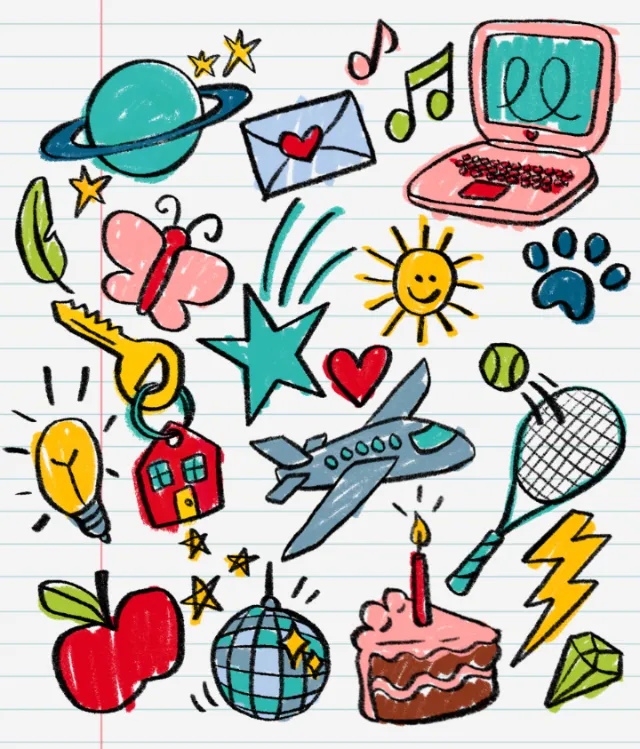 Colorful doodle icons of objects and animals by Rachel Winter