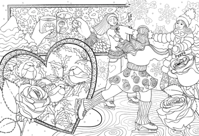 Winter ice skating scene with children and floral hearts by Rachel Winter