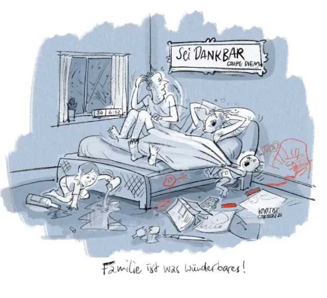 Family relaxing in messy bedroom with toys and clutter, artwork by Björn von Schlippe