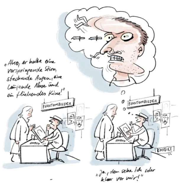 Caricature artist consulting with client, imagining exaggerated facial features by Björn von Schlip
