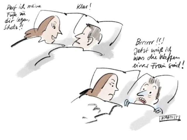 Cartoon of couple in bed discussing feet by Björn von Schlippe